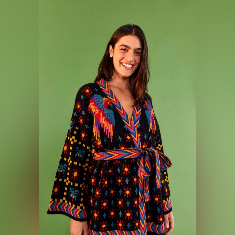 Farm Rio Black Macaw Night Kimono Cardigan